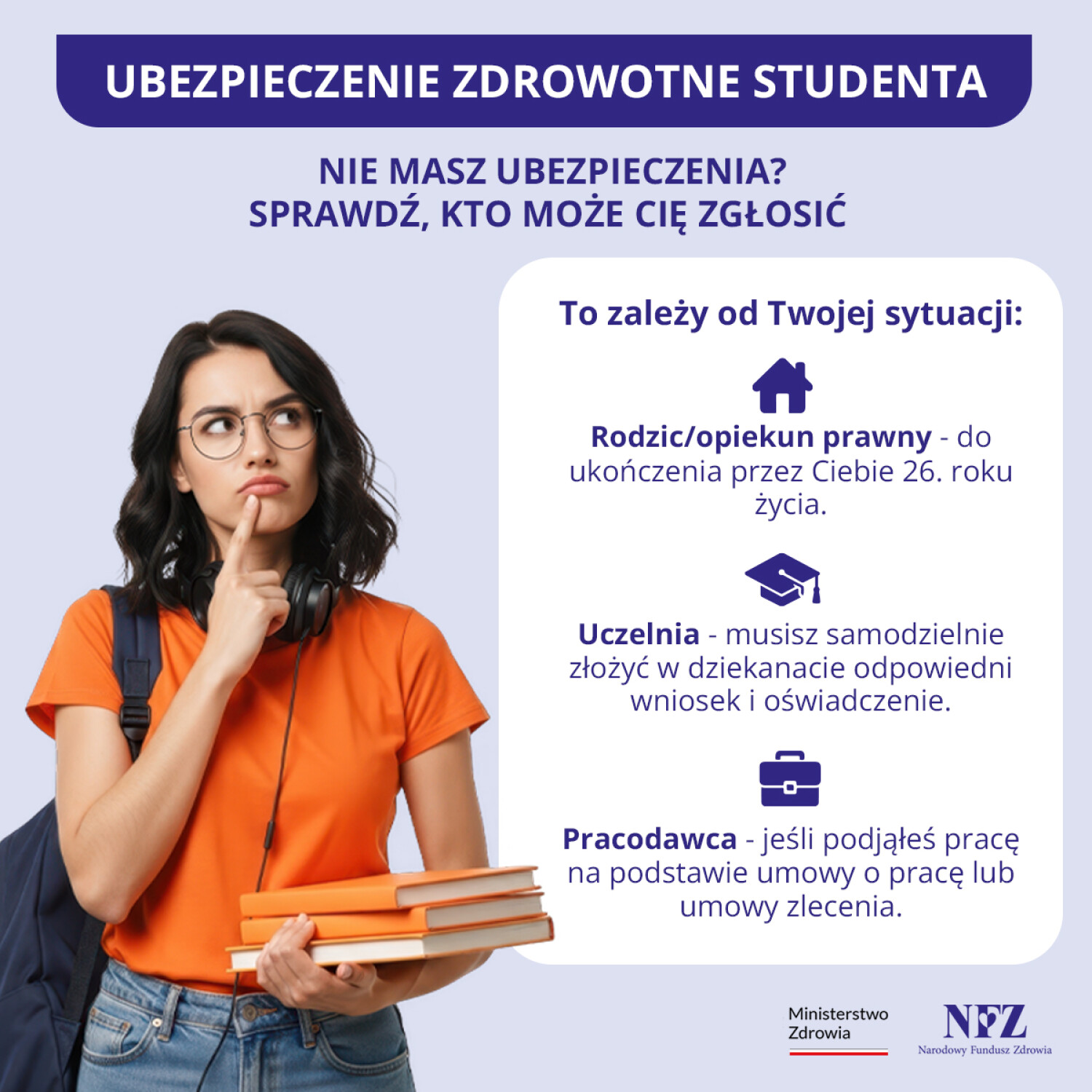 Infografika NFZ wyjaśniająca, kto może zgłosić studenta do ubezpieczenia zdrowotnego. Wskazano możliwość zgłoszenia przez rodzica lub opiekuna prawnego, uczelnię albo pracodawcę, zależnie od sytuacji studenta